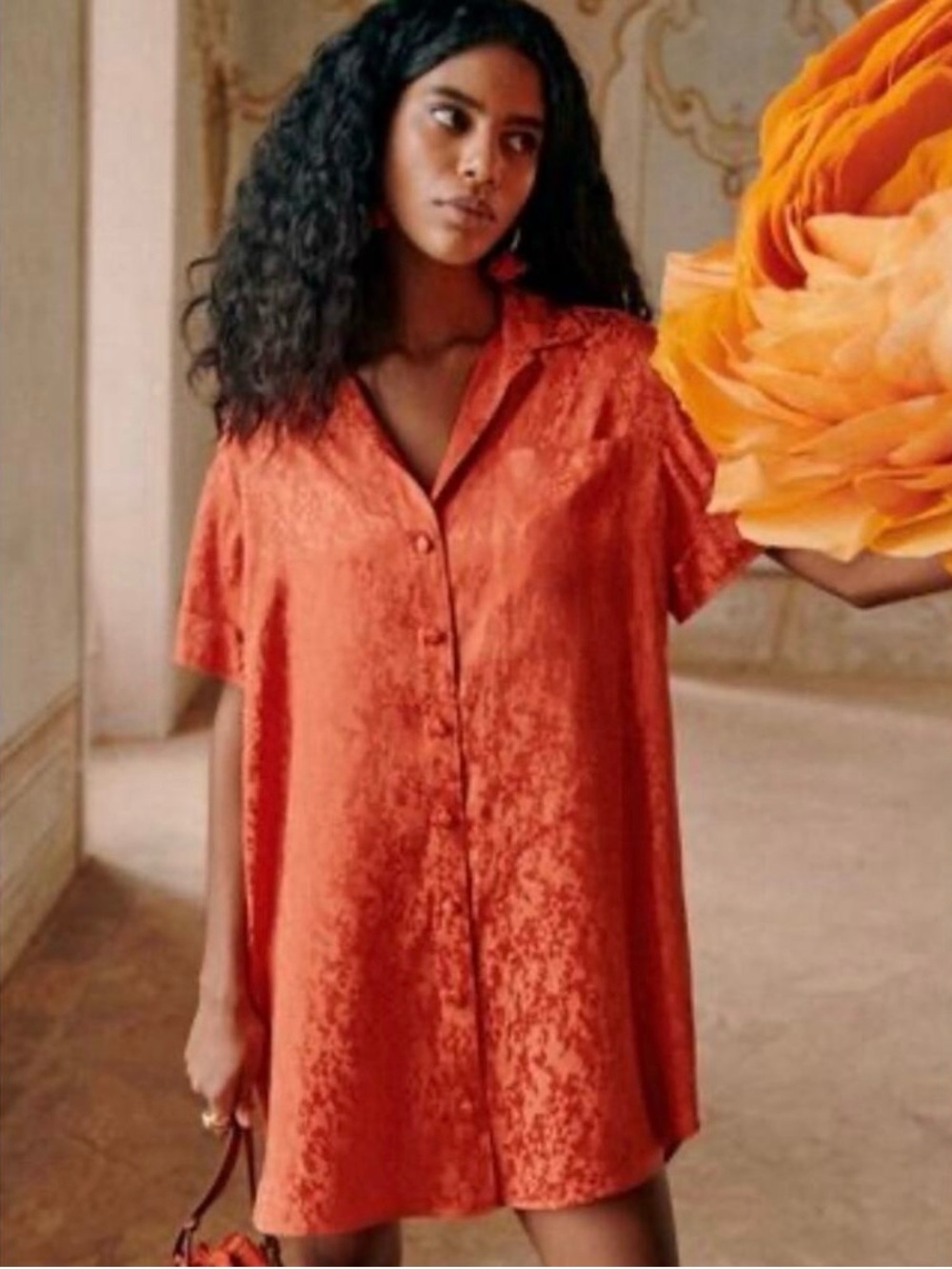 Sezane Rust-Orange Satin Button-Down Short Sleeve Shirt Dress